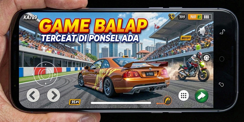 Screen utama KA789 menampilkan aksi balap mendebarkan di lintasan.