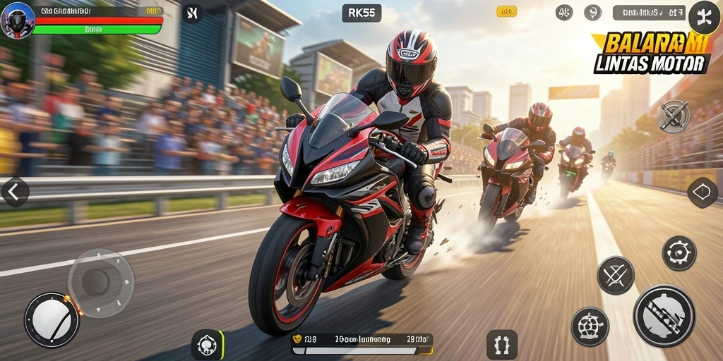 Tampilan menarik gameplay balapan motor RK55 dengan grafis yang memukau.