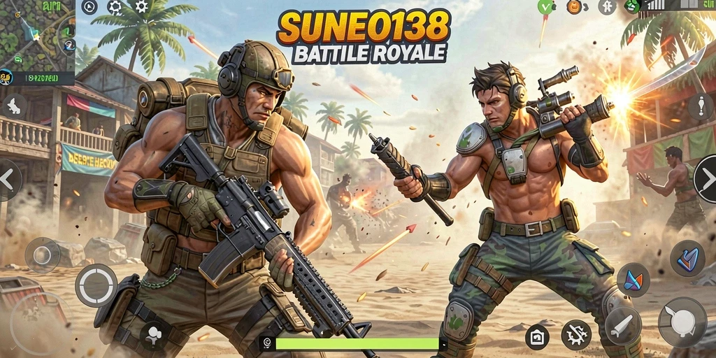 Screenshot SUNEO138 menunjukkan aksi intens dalam pertempuran Battle Royale.