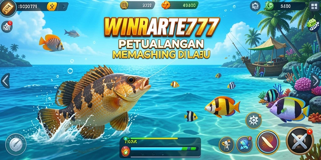 Gameplay WINRATE777 yang menampilkan aksi memancing seru di laut.